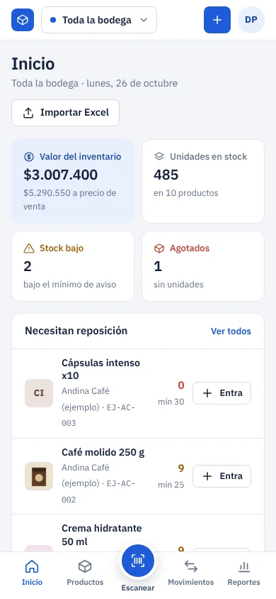 Bodega Virtual en el celular, con la barra inferior y el botón para escanear.